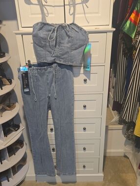 Denim Boot Cut Pants & Crop Top Set - Light Blue